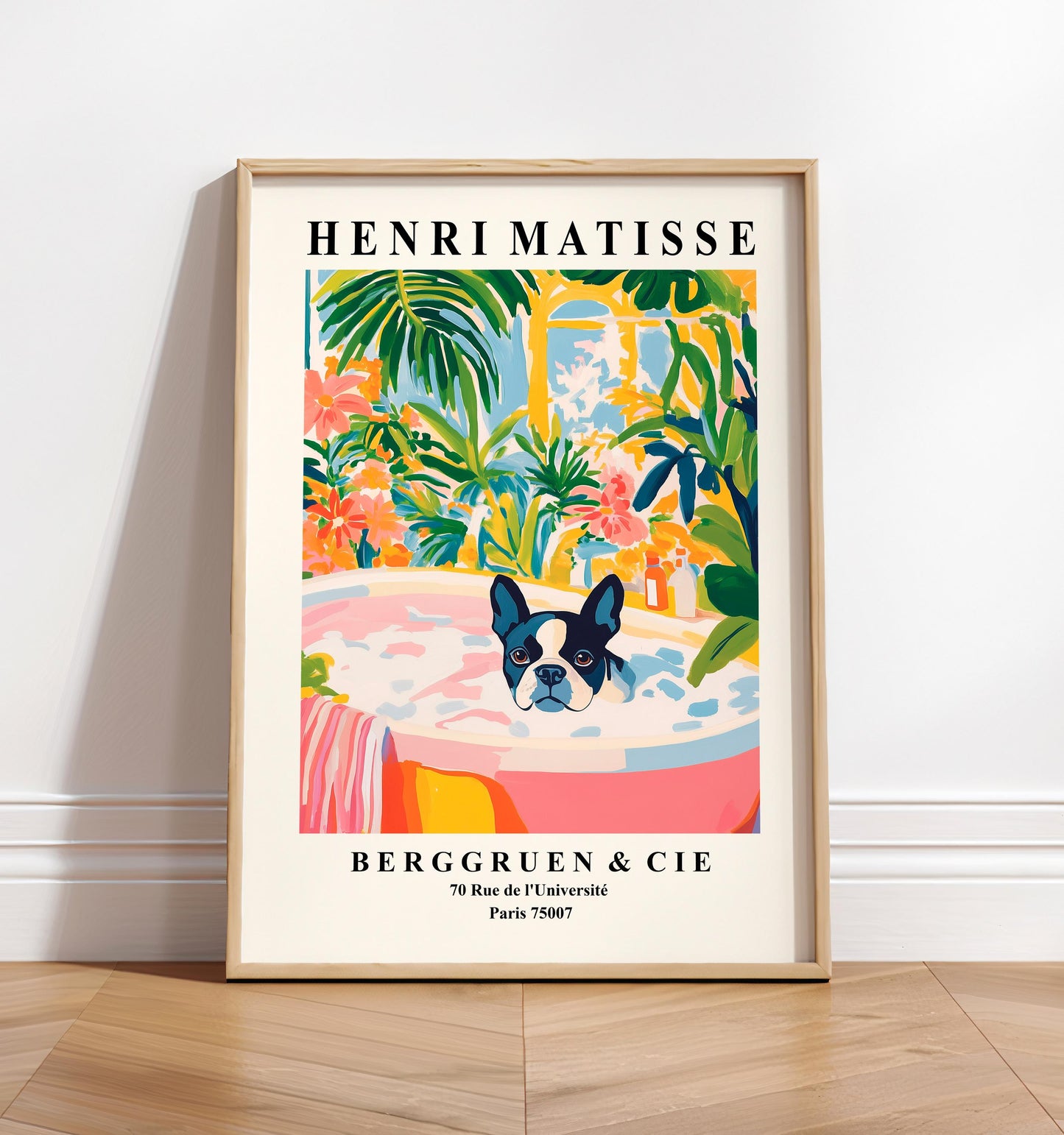 Boston Terrier in Bathtub Art Print: Matisse Style Bathroom Decor