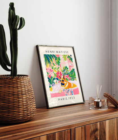 German Shepherd in Bathtub Art Print: Tropical Bathroom Decor