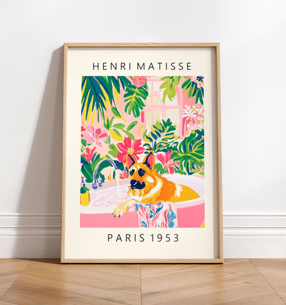 German Shepherd in Bathtub Art Print: Tropical Bathroom Decor