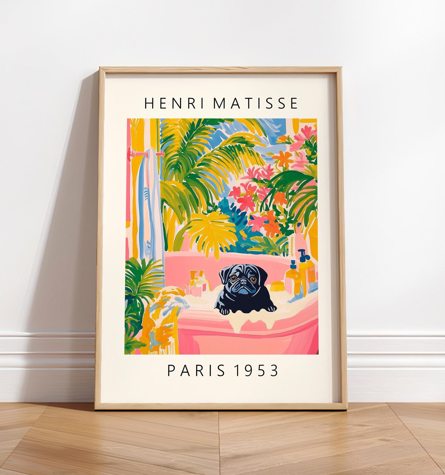 Black Pug in Bathtub Art Print: Funny Dog Bathroom Decor