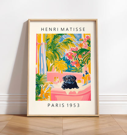 Black Pug in Bathtub Art Print: Funny Dog Bathroom Decor