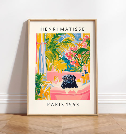 Black Pug in Bathtub Art Print: Funny Dog Bathroom Decor