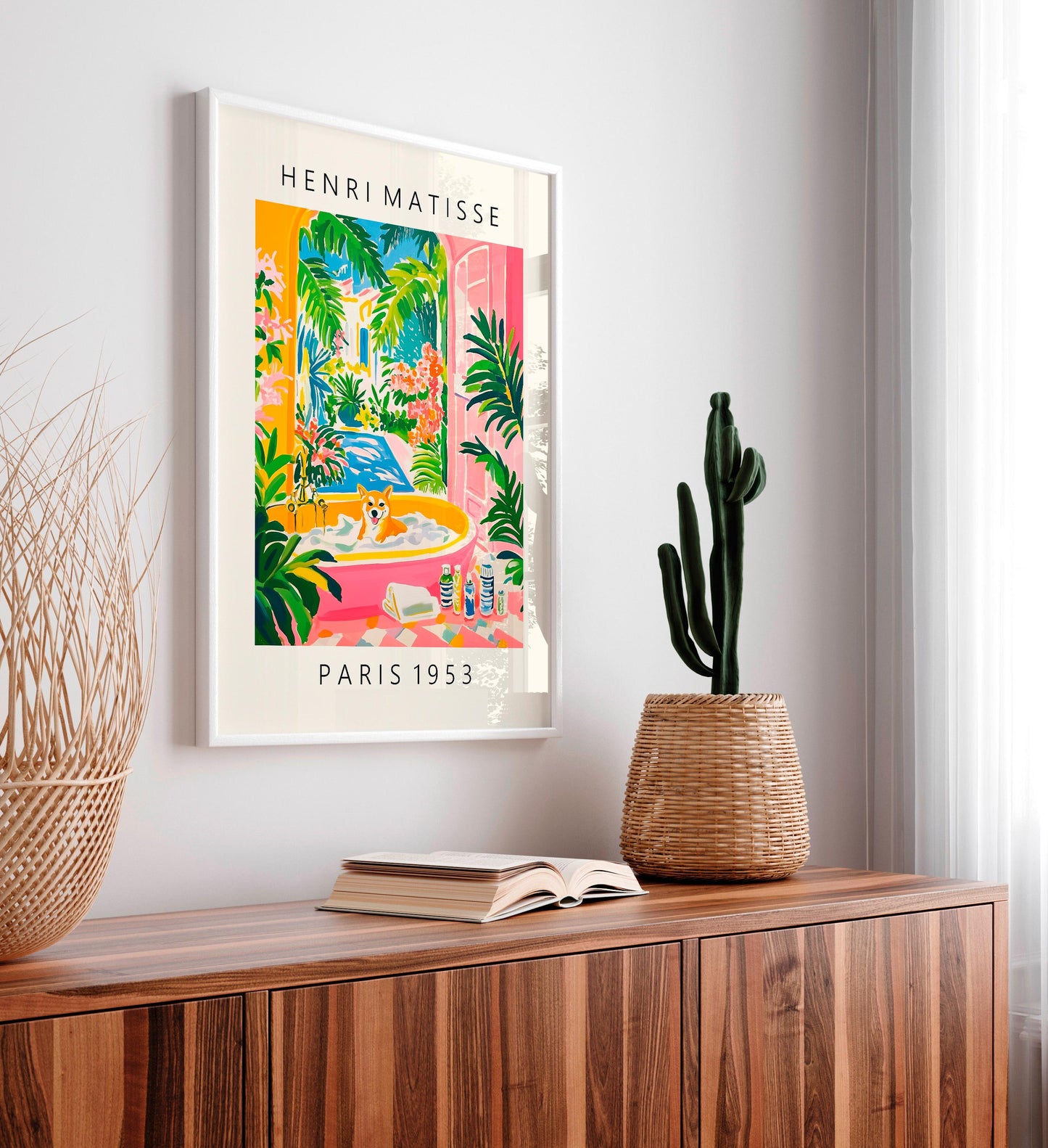 Shiba Inu Art Print: Matisse Style, Pink Bathroom Decor