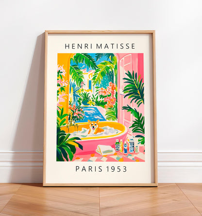 Shiba Inu Art Print: Matisse Style, Pink Bathroom Decor