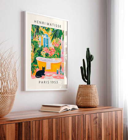 Black Cat Matisse Style Print: Funky Bathroom Wall Art