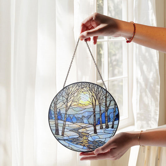Stained Glass Winter Sunrise, Winter Stained Glass SunCatcher, Winter Season Light Catcher, Snow Home Decoration Gift, Winter Decor Gift