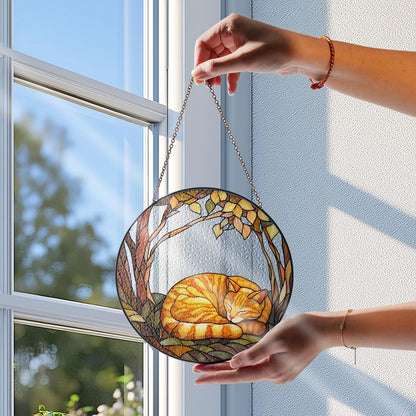 Orange Cat Sleeping Stained GLASS Sun catcher, Orange Cat Suncatcher Ornament, Cat Lover Gift, Morning Glory, Cat lovers, Cat Memorial Gift