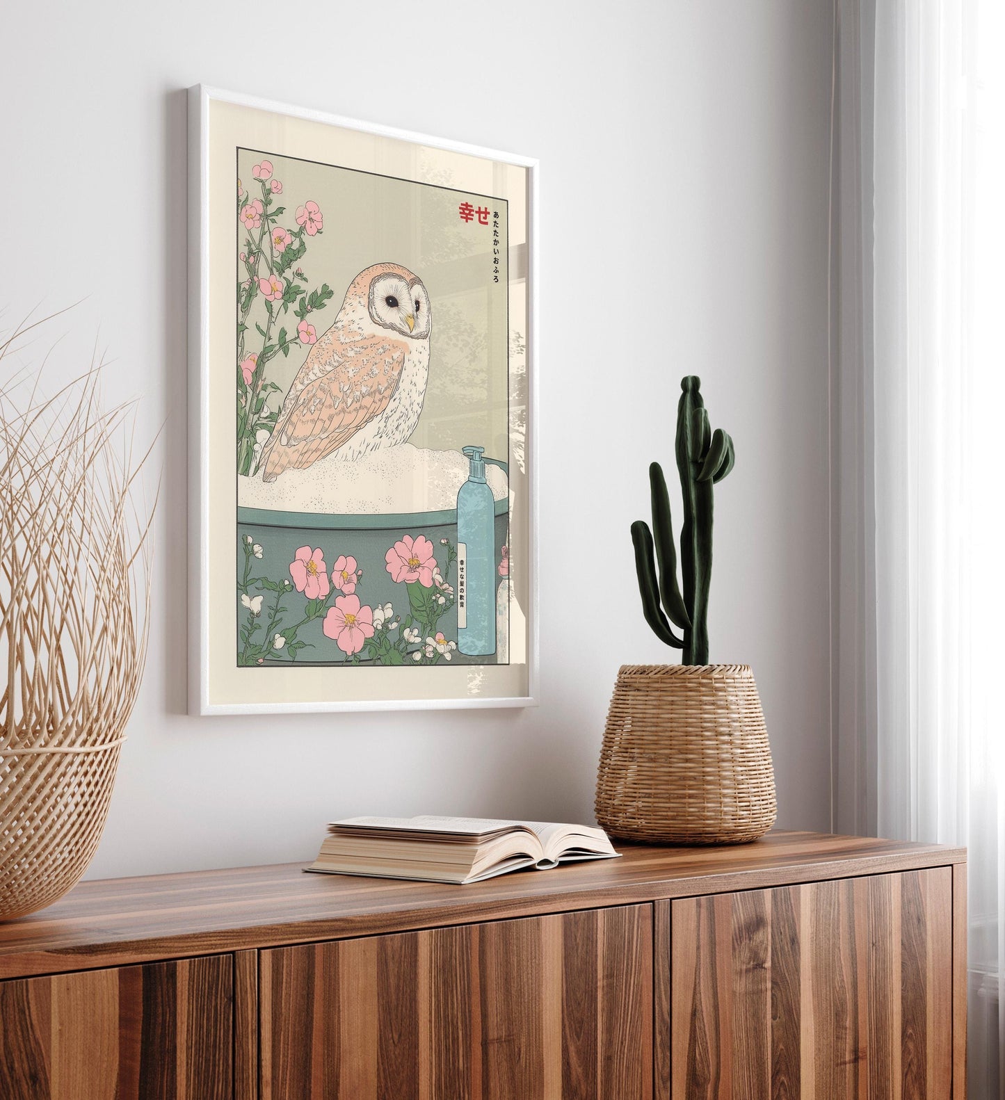 Owl in Bathtub Ukiyo-e Print: Japandi Bathroom Art
