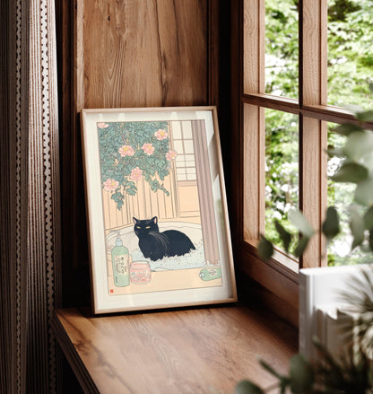 Japanese Black Cat in Bathtub Wall Art: Ukiyo-e Style Bathroom Print