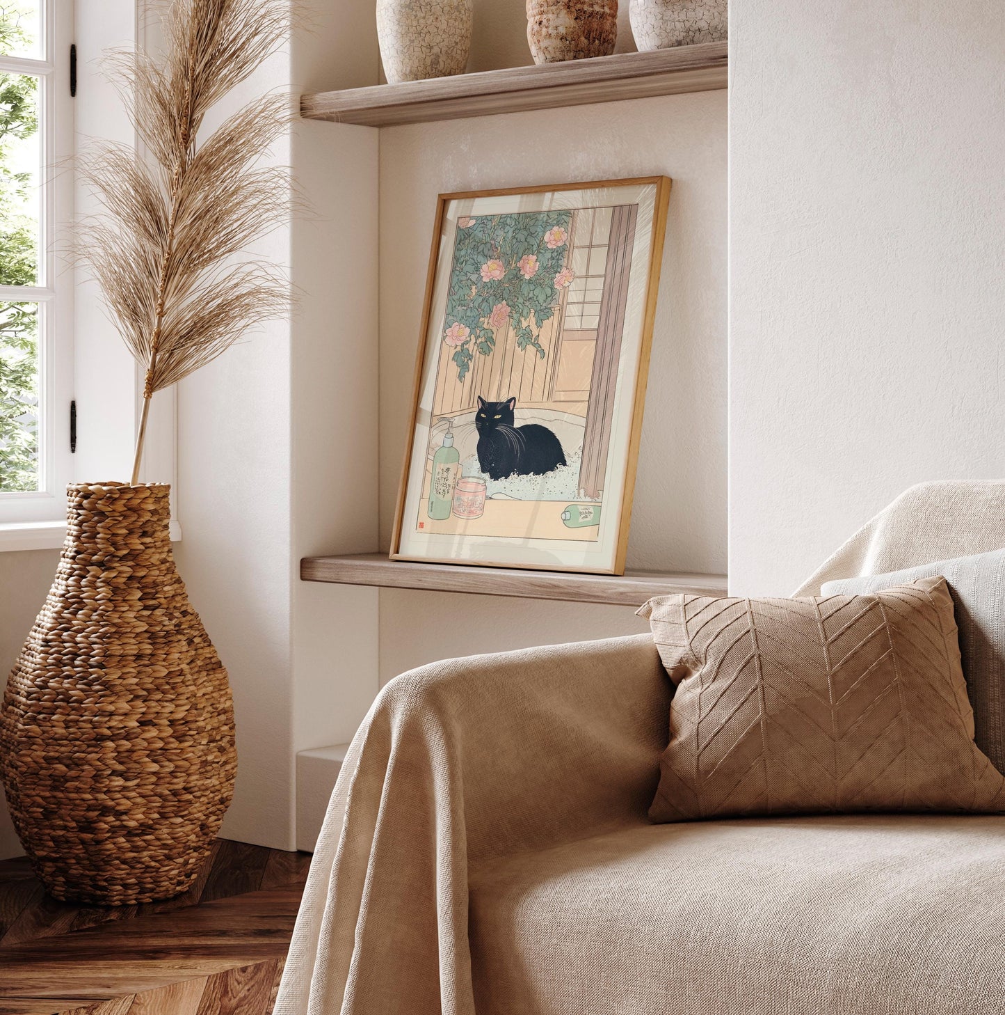 Japanese Black Cat in Bathtub Wall Art: Ukiyo-e Style Bathroom Print