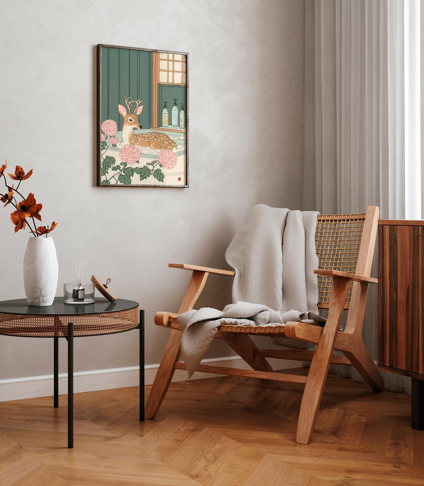 Deer in Bathtub Ukiyo-e Print: Japandi Bathroom Wall Art