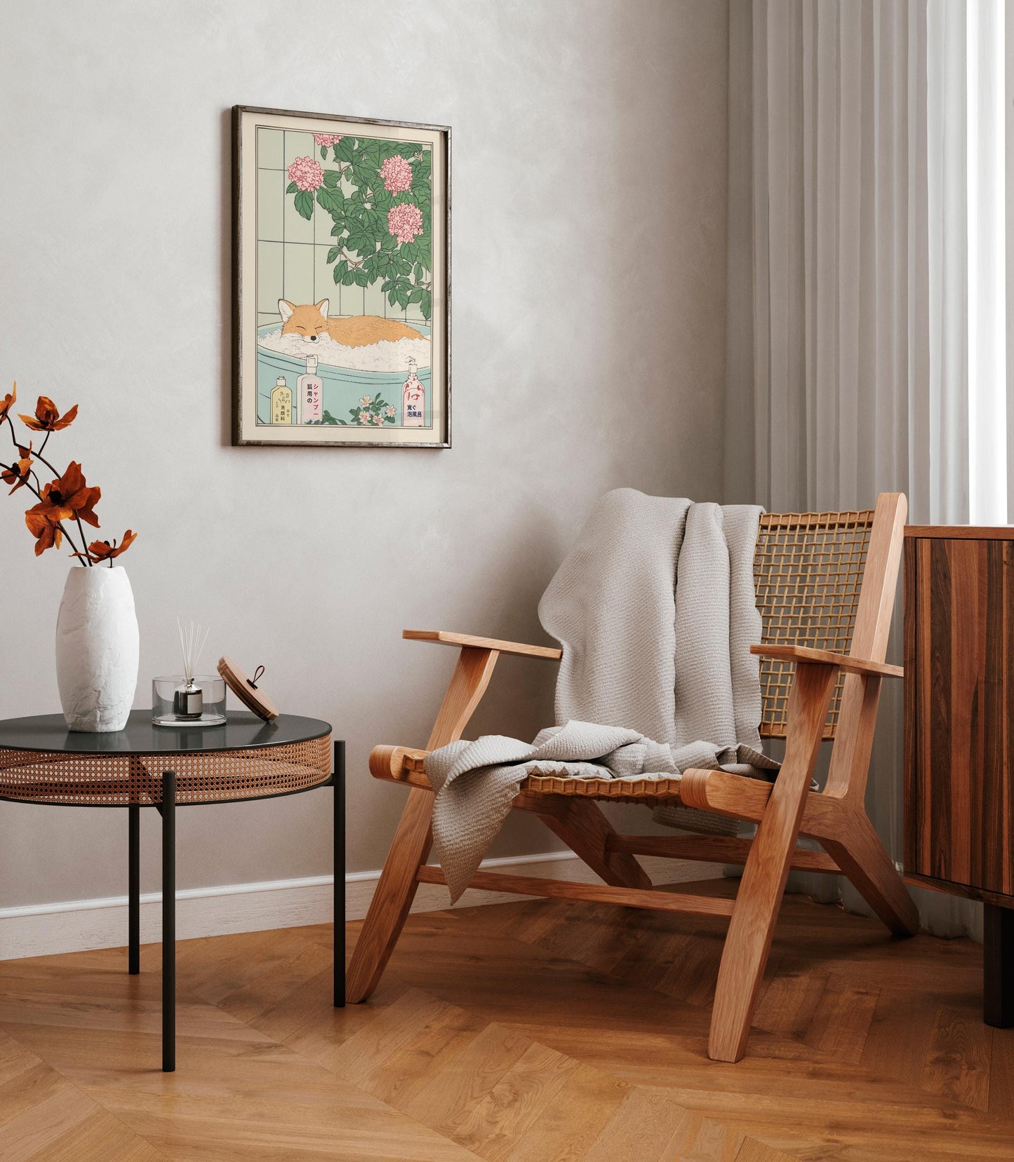 Fox in Bathtub Art Print: Japanese Ukiyo-e Style Bathroom Decor