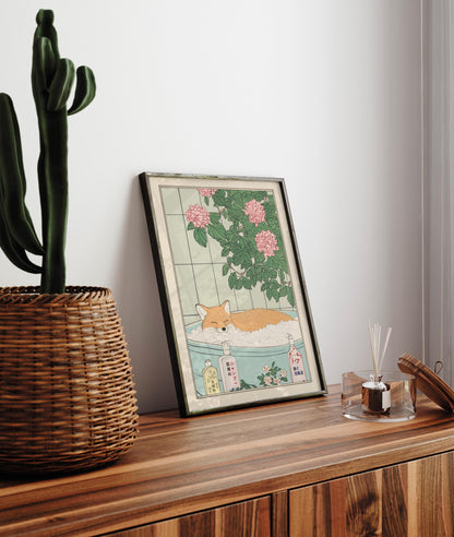 Fox in Bathtub Art Print: Japanese Ukiyo-e Style Bathroom Decor