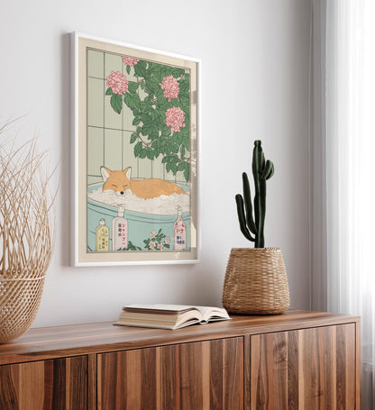Fox in Bathtub Art Print: Japanese Ukiyo-e Style Bathroom Decor