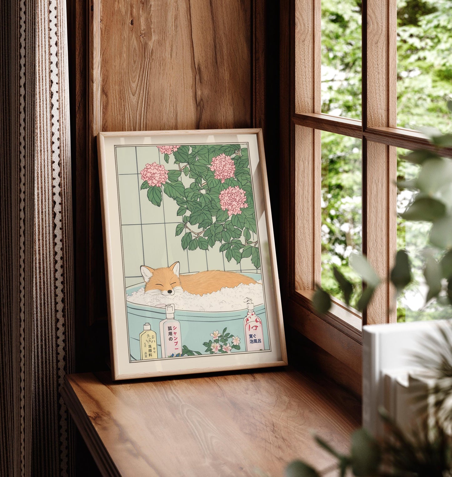 Fox in Bathtub Art Print: Japanese Ukiyo-e Style Bathroom Decor