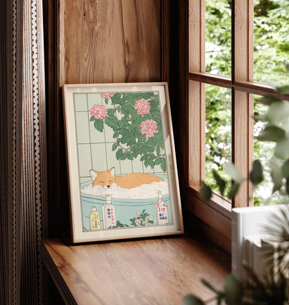 Fox in Bathtub Art Print: Japanese Ukiyo-e Style Bathroom Decor