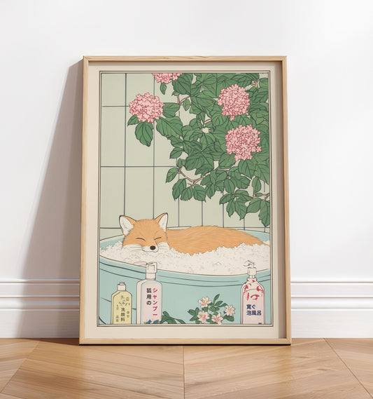 Fox in Bathtub Art Print: Japanese Ukiyo-e Style Bathroom Decor