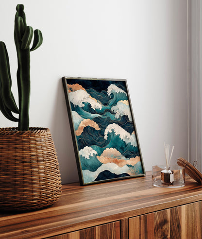Japanese Ocean Wave Print: Ukiyo-e Style Japandi Art