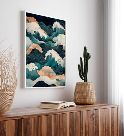 Japanese Ocean Wave Print: Ukiyo-e Style Japandi Art