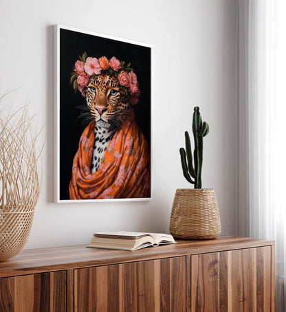 Boho Leopard Art Print: Floral Crown, Bold Animal Portrait