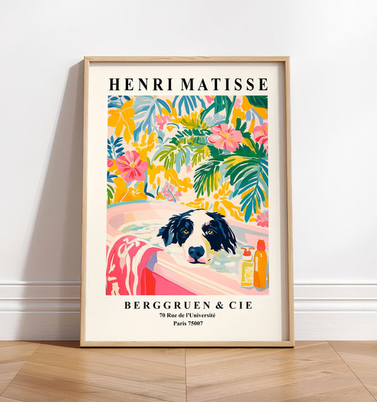 Border Collie Bathroom Art Print: Funny Dog in Tub, Pink Matisse Style