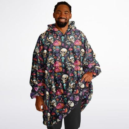 Psychedelic Trippy Horror Halloween Reversible Snug Hoodie,All Over Print Skulls Pullover Hooded Blanket Sleeves,Lounge Wear,Christmas Gift