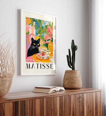 Black Cat Drinking Coffee: Funny Matisse Style Kitchen Art Print