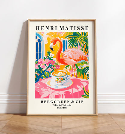 Flamingo Drinking Coffee Art Print: Henri Matisse Style Kitchen Decor