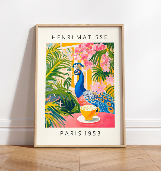 Peacock Coffee Print: Matisse Style Bird Art, Pink Kitchen Decor