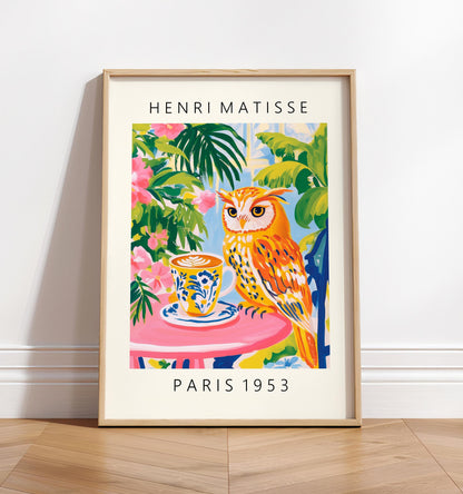 Owl Drinking Coffee Art Print: Matisse Style Kitchen Decor