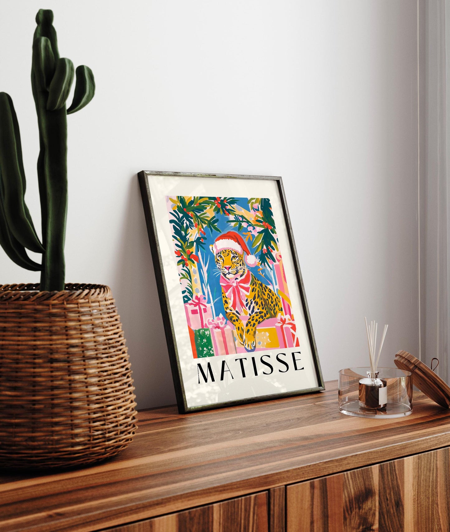 Matisse Style Leopard Christmas Print: Funny Santa Hat Wall Art