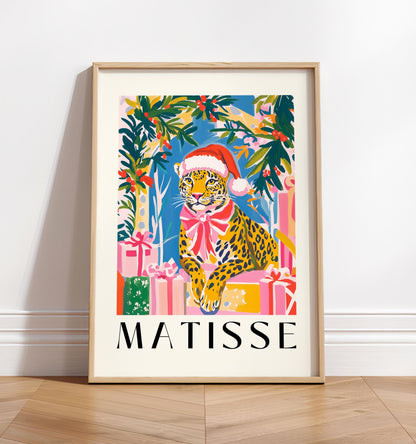 Matisse Style Leopard Christmas Print: Funny Santa Hat Wall Art
