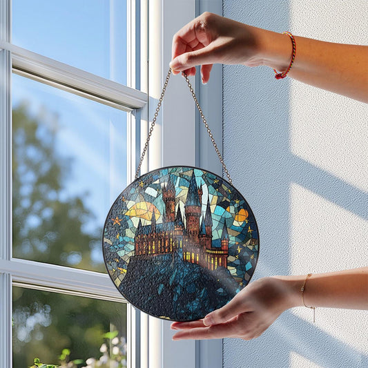 Wizard Castle Glass Suncatcher Ornament, Wizard School Glass Window Hanging, Magical Castle Bookish Wall Hanging Art Decor, Book Lover Decor