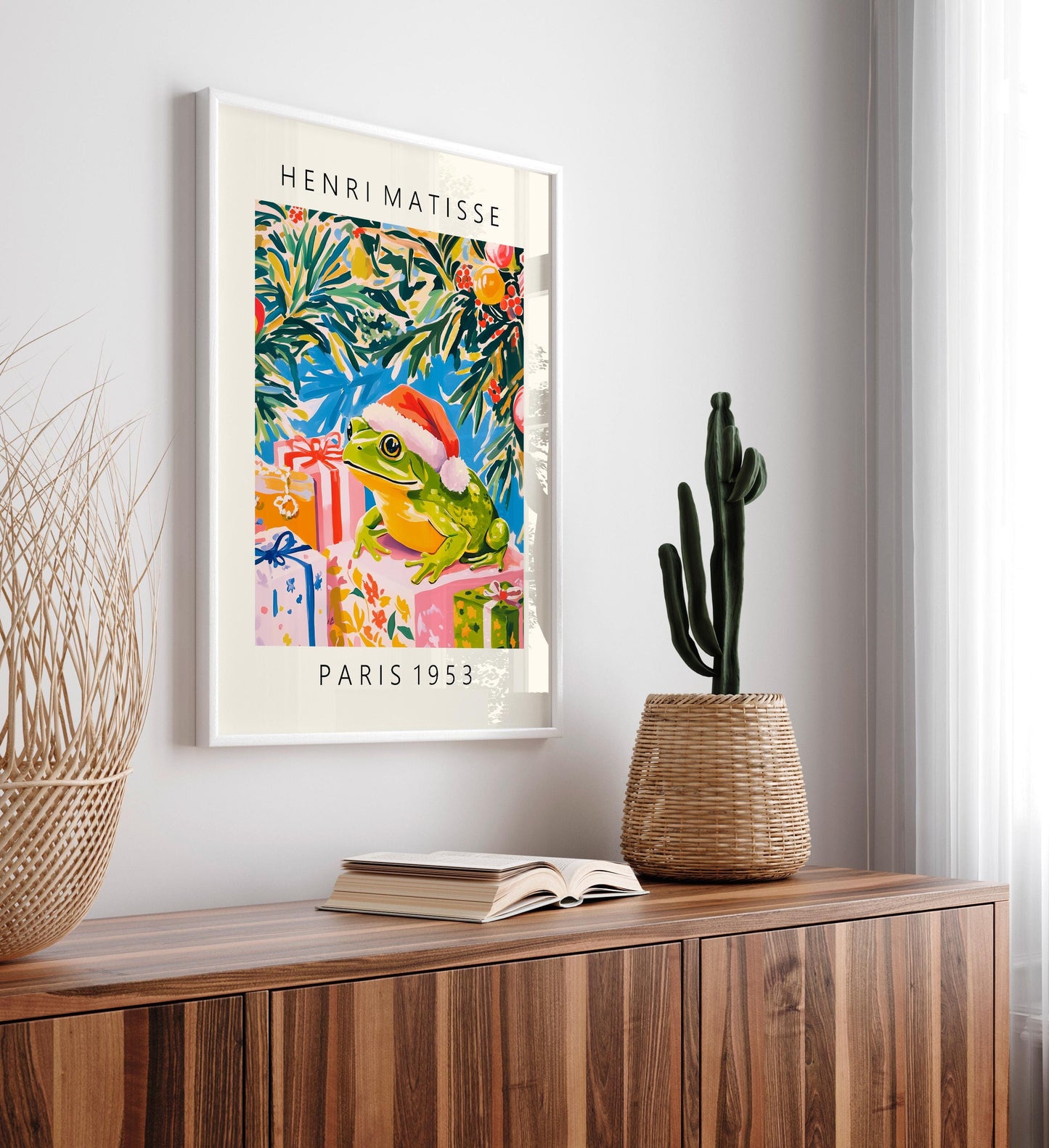 Frog in Santa Hat Art Print: Funny Matisse Style Christmas Decor