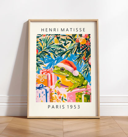 Frog in Santa Hat Art Print: Funny Matisse Style Christmas Decor