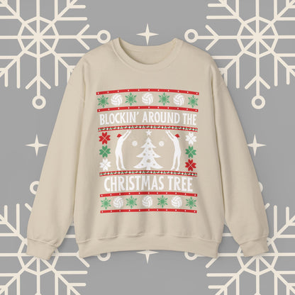 Volleyball Ugly Christmas , Blockin' Around the Christmas Tree Sweatshirt, Funny Holiday Crewneck, Gift for Volleyball Player