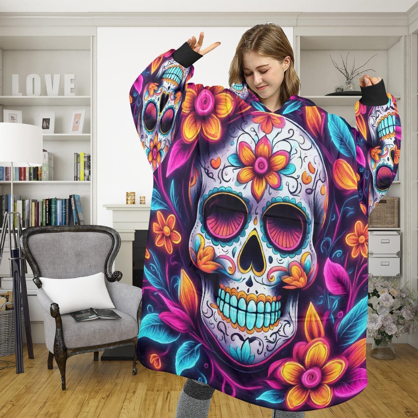 Blanket Hoodie personalized blankets hoodie that is a blanket Sugar Skull Día De Los Muertos Chicano Day of the Dead Mexico