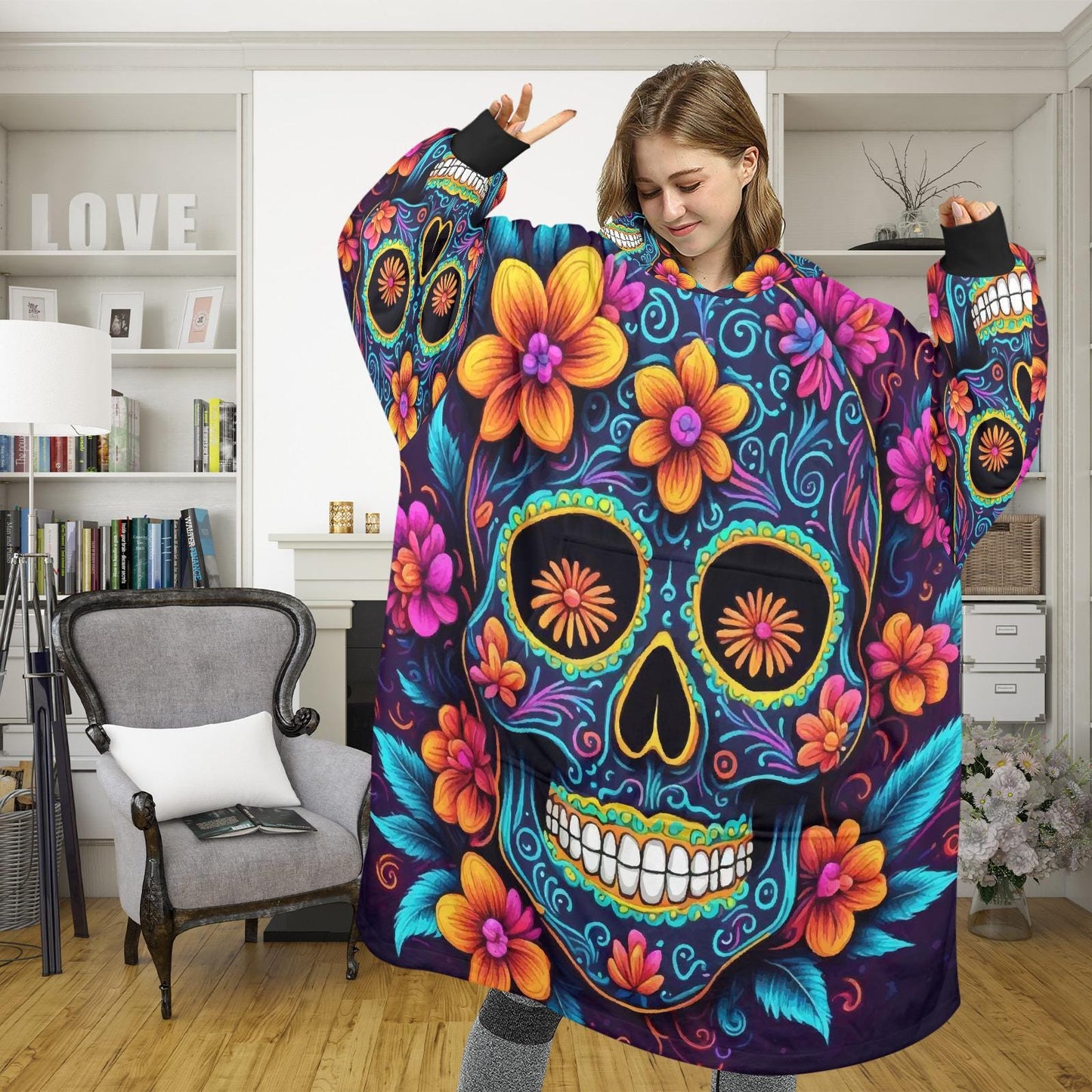 Blanket Hoodie personalized blankets hoodie that is a blanket Día De Los Muertos Chicano Day of the Dead Blanket Chicanos Sugar Skull