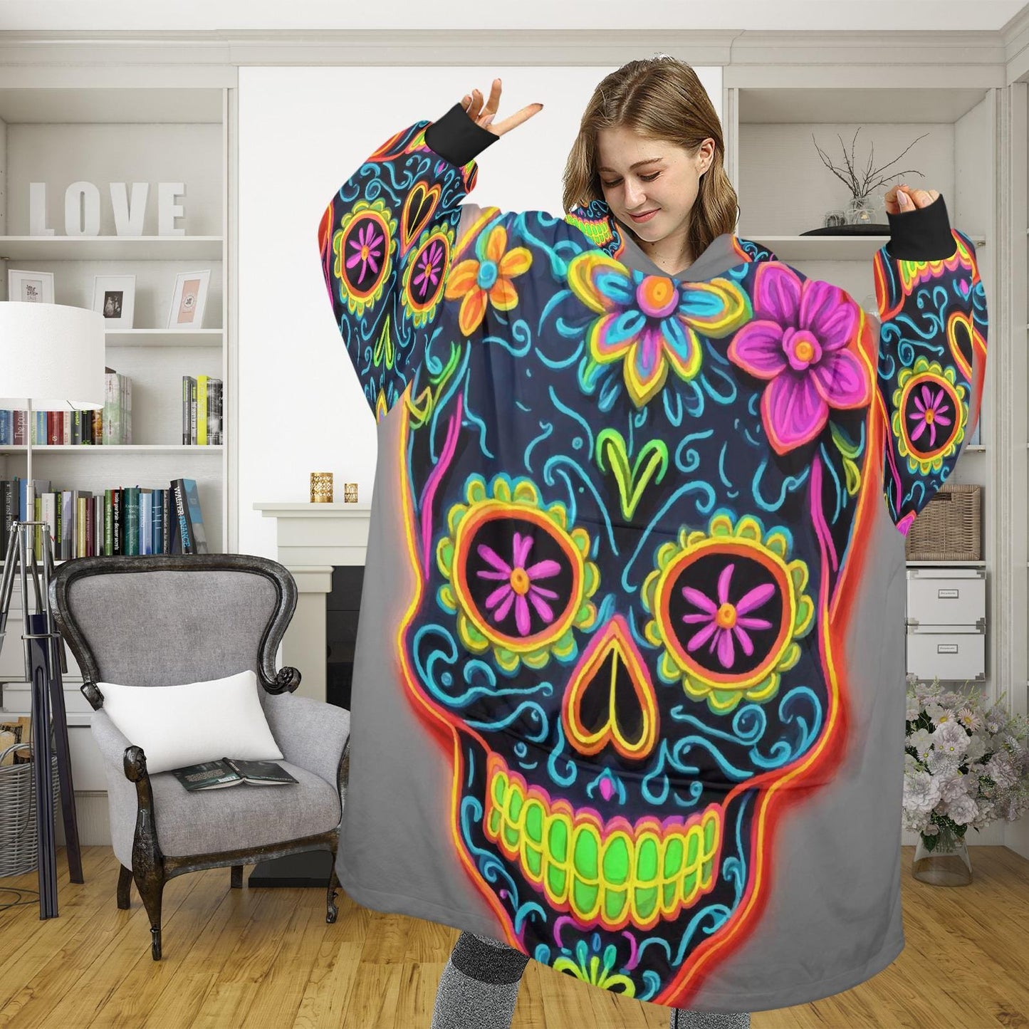Blanket Hoodie personalized blankets hoodie that is a blanket Chicano Day of the Dead Chicanos Sugar Skull Blanket Día De Los Muertos