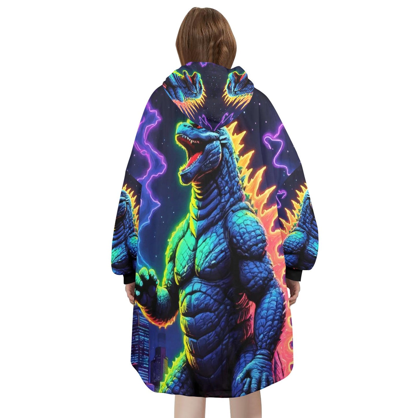 Godzilla Blanket Hoodie Retro Kaiju Neon Art Personalized Fleece