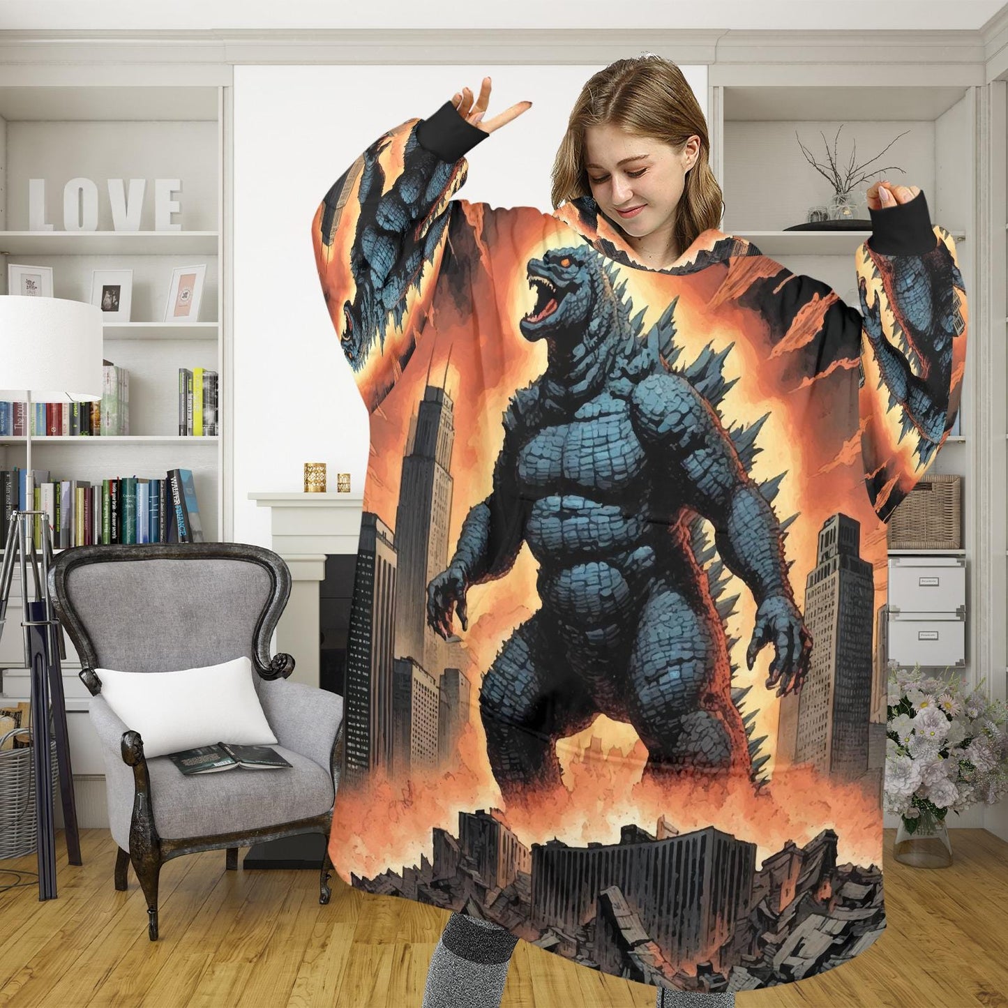 Godzilla Blanket Hoodie Retro Kaiju Neon Art Personalized