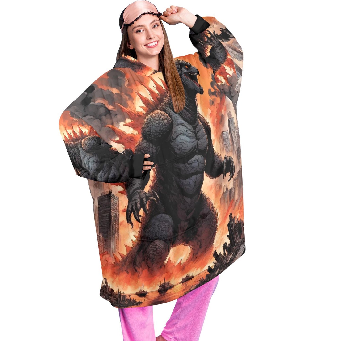 Godzilla Blanket Hoodie Retro Kaiju Cartoon Fleece Blanket