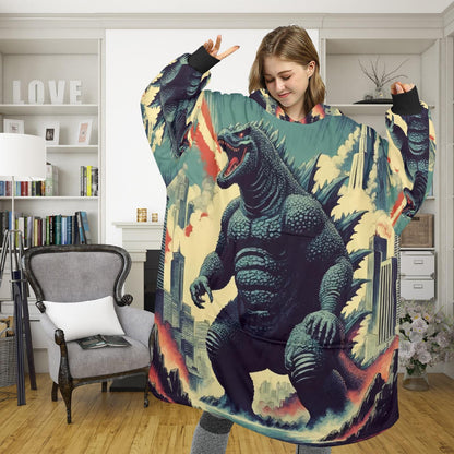 Godzilla Blanket Hoodie Retro Comic Kaiju Fleece Lounger