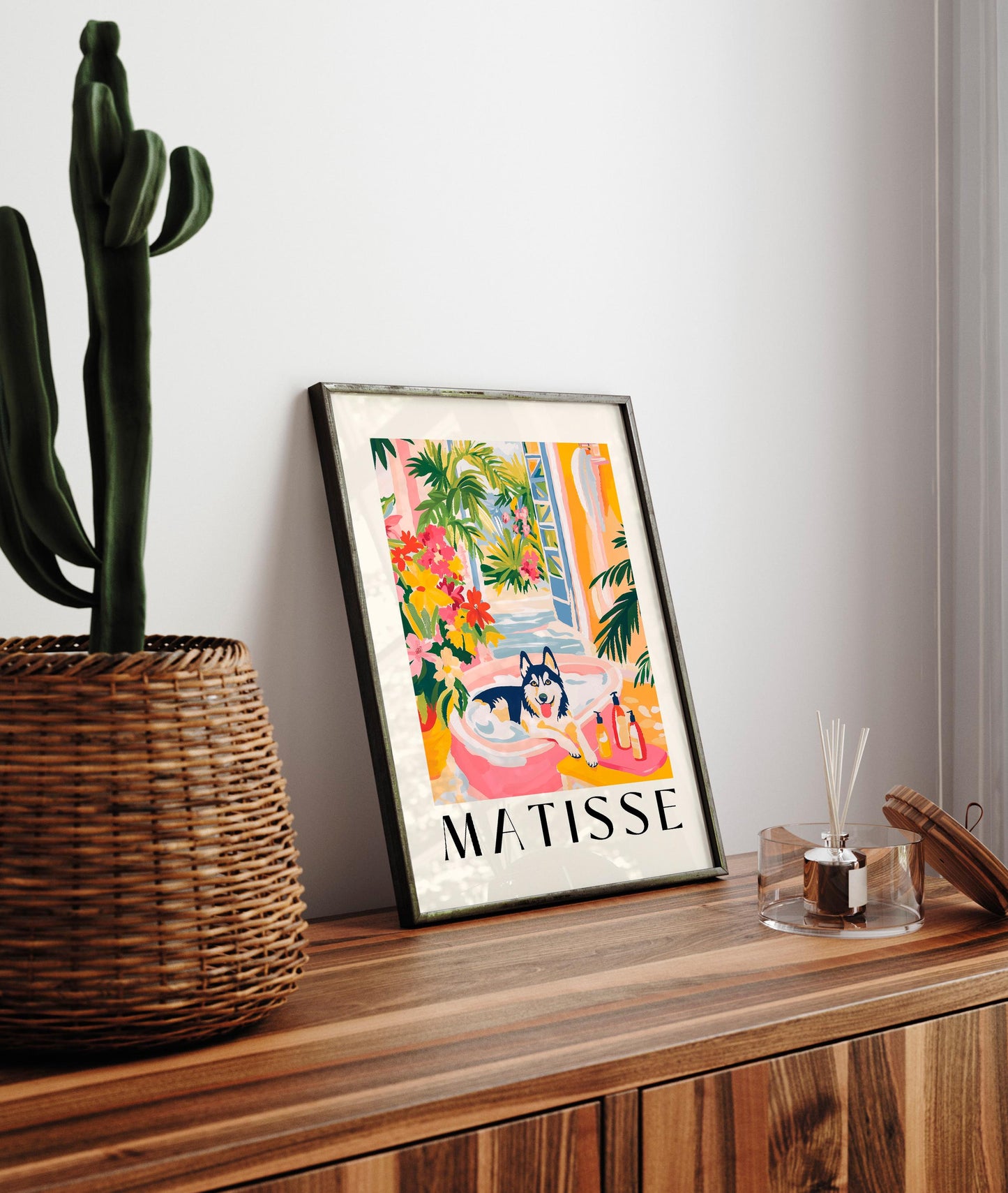 Husky in Bathtub Art Print: Matisse Style Bathroom Decor