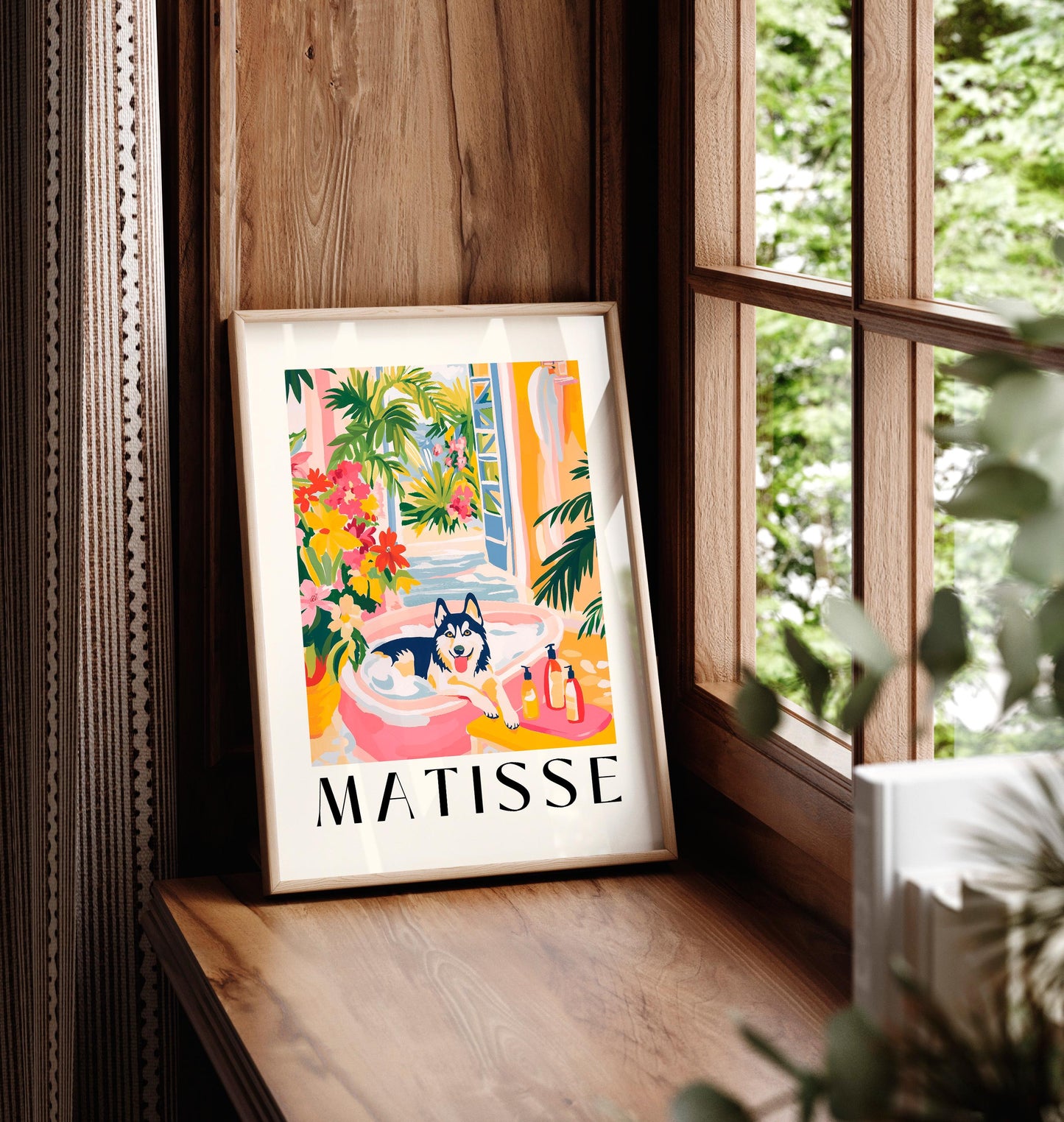 Husky in Bathtub Art Print: Matisse Style Bathroom Decor