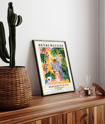 Tabby Cat on Toilet Art Print: Funny Matisse Style Bathroom Wall Art
