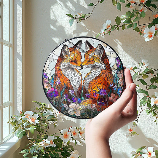 Fox Couple Stained Glass SunCatcher, Fox Lovers Gift, Couple Gift, Wedding Gift, Fox Suncatcher Ornament, Farmhouse decor, Glass Animals Art