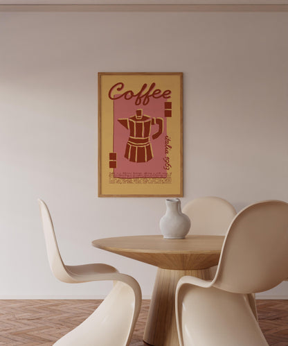 Coffee Poster, Kitchen Art, Kitchen Poster, Kitchen Print, Moka Pot, Modern Kitchen Decor, Retro Poster, Exhibition Poster, Pink Wall Art