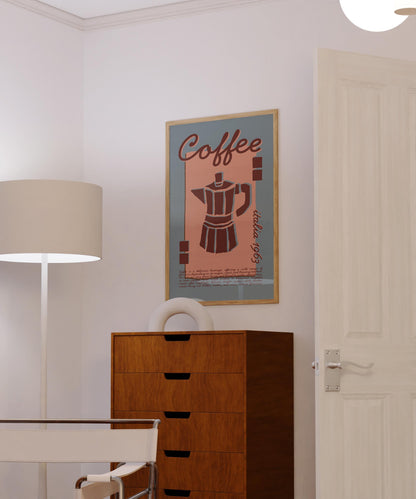 Coffee Poster, Kitchen Art, Kitchen Poster, Kitchen Print, Moka Pot, Modern Kitchen Decor, Retro Poster, Exhibition Poster, Blue Wall Art