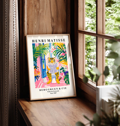 Funny Tiger Bathroom Print: Matisse Style Pink Decor